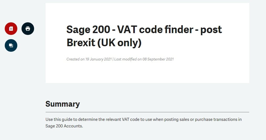 Sage 200 VAT Code Finder